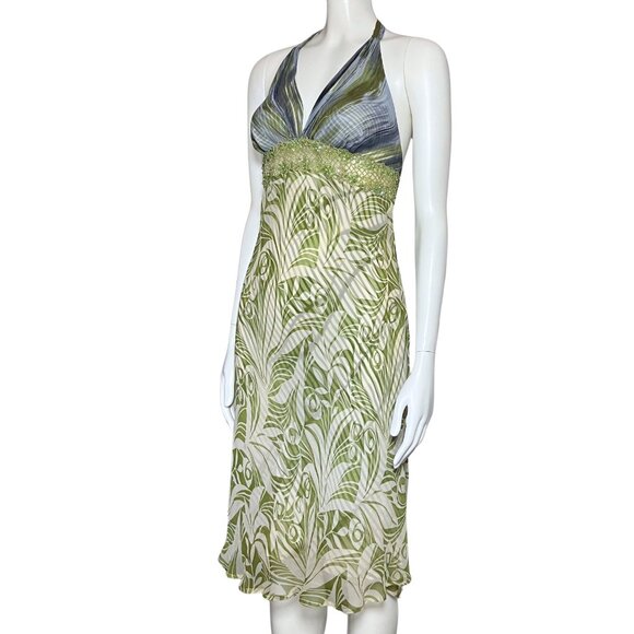 Vintage Y2K 100% Silk Funky Green Halter Dress Sequins. XS Fairy Grunge Festival - Picture 3 of 13